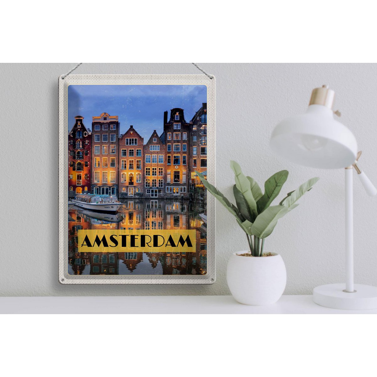 Tin sign travel 30x40cm Amsterdam at night travel destination