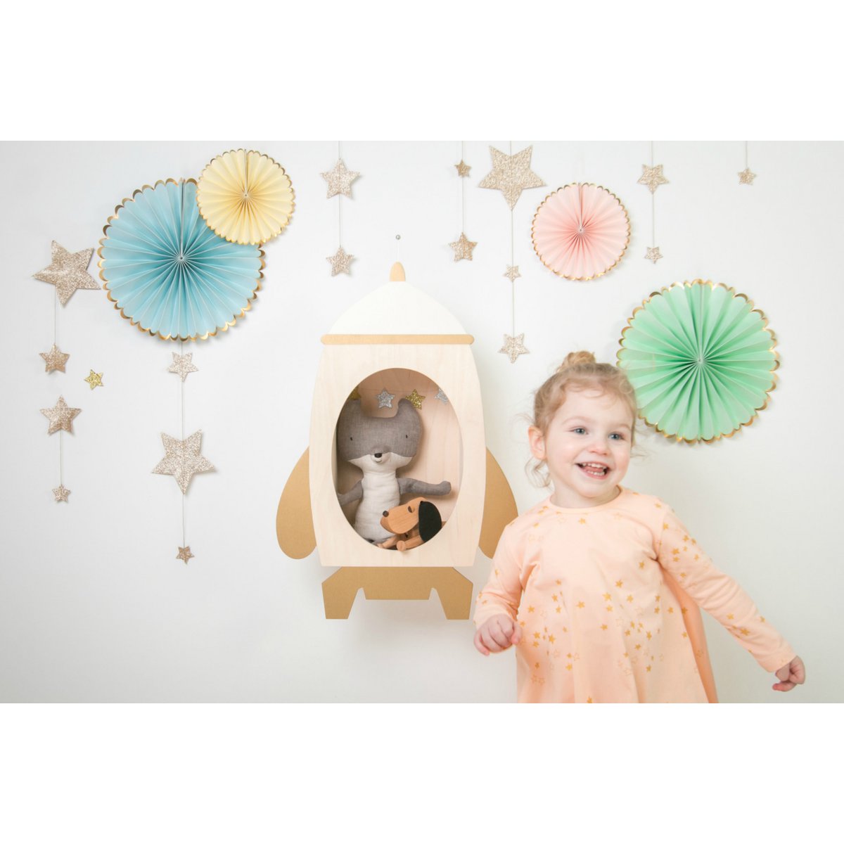 Raketenregal "Rockin 'Rocket" Weiß und Holz-Gold