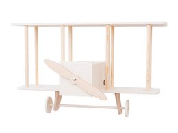 A white wooden biplane-shaped shelf with a simple, minimalist design. Suitable for storing and displaying items in a child's room or nursery.