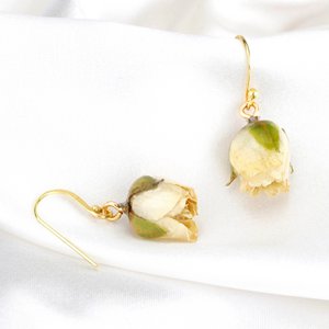 Real Small Rose Earrings - Cream White - 925 Sterling Gold Plated - OHR925-127