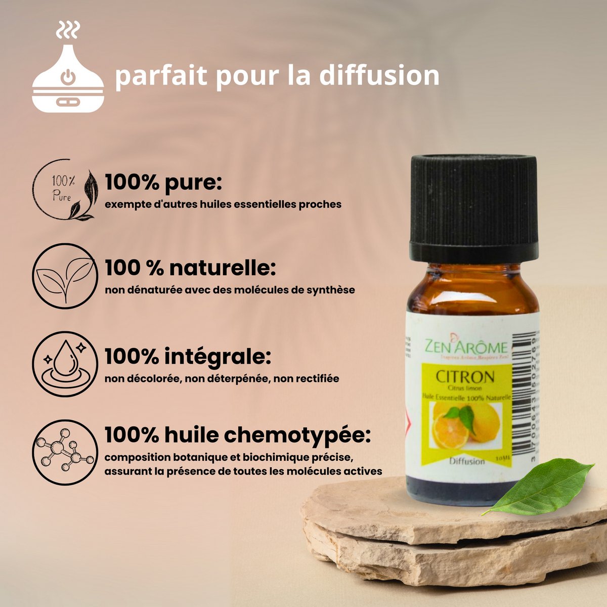 Aceite esencial - Limón - 10 ml - Uso para difusión - Envasado en Francia