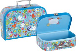 Colorful floral patterned suitcase set, blue hard-shell luggage with vibrant flower and butterfly designs.