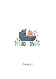 A whimsical illustration of a wagon carrying two cats, with the text "Hooray!" This image suggests a cheerful, playful greeting card or baby announcement featuring adorable feline companions.