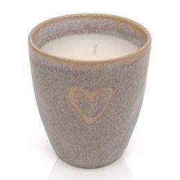 Stoneware candle in espresso cup with heart-shaped design, available in sand color.