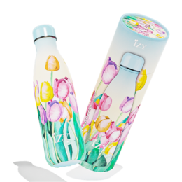 Colorful tulip field-themed thermos bottle with a capacity of 500ML, featuring a double-walled design to keep contents warm for 12 hours.