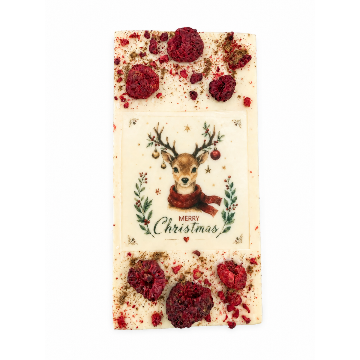Weiße Schokolade Merry Christmas Rentier - Himbeere, Zimt 95g