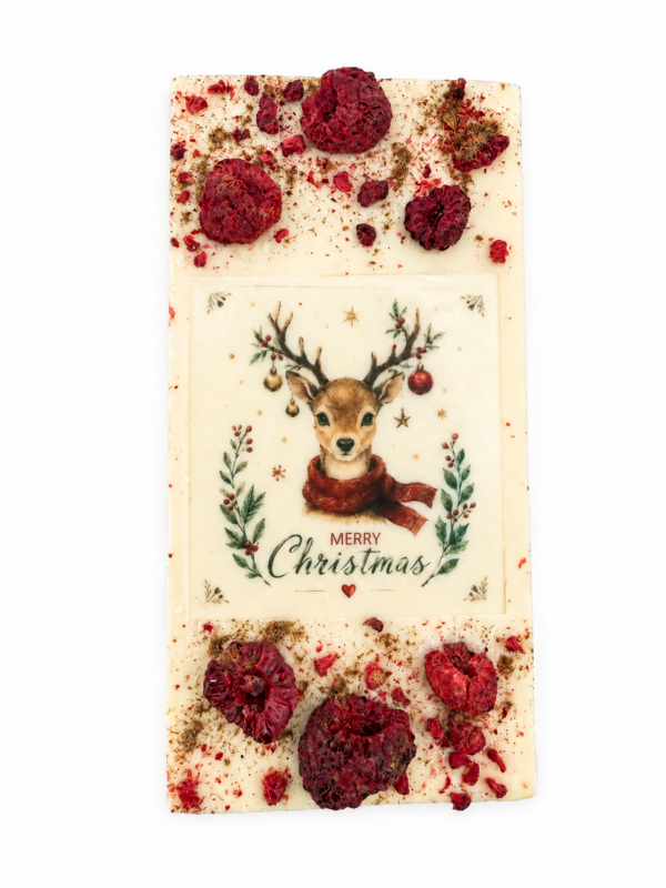 Weiße Schokolade Merry Christmas Rentier - Himbeere, Zimt 95g
