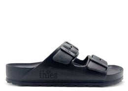 Black vegan EVA foam sandal with adjustable buckle straps, comfortable slip-on style.