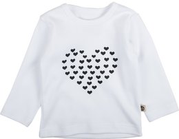 White long-sleeved baby shirt with a heart-shaped pattern of black hearts.