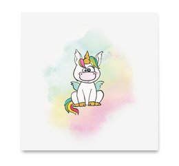 Whimsical unicorn card with colorful watercolor background. Includes a cute, cartoon-style unicorn with a horn, sitting and looking happy.