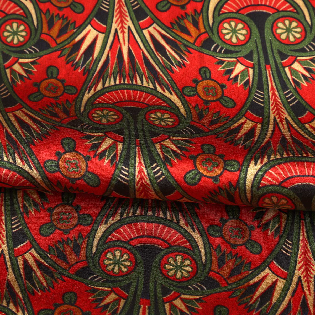 Art nouveau czerwony jedwabny szalik z zielonym i złotym kwiaty Azteca