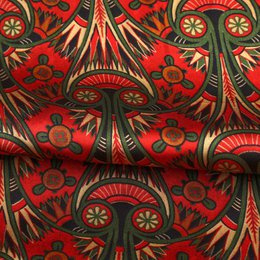 Art Nouveau Bufanda de seda roja con flores verdes y dorados Azteca