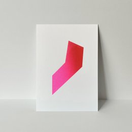# Product Description
Red pink gradient geometric angular shape risograph postcard, modern minimalist design, vibrant color block art print.