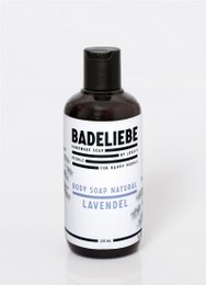Lavender scented shower gel in a dark glass bottle with a black cap.