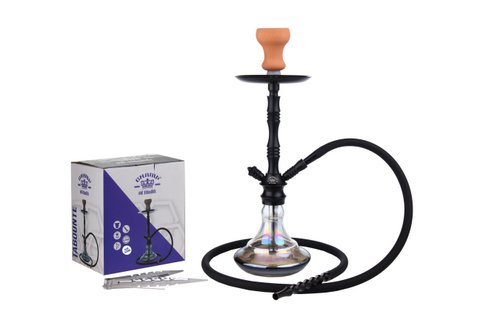 Chicha Complete Shisha Kit with Silicone Hose Ceramic Bowl, Tongs, Mouthpiece, Glass Base Hookah Complete Modern Set Black