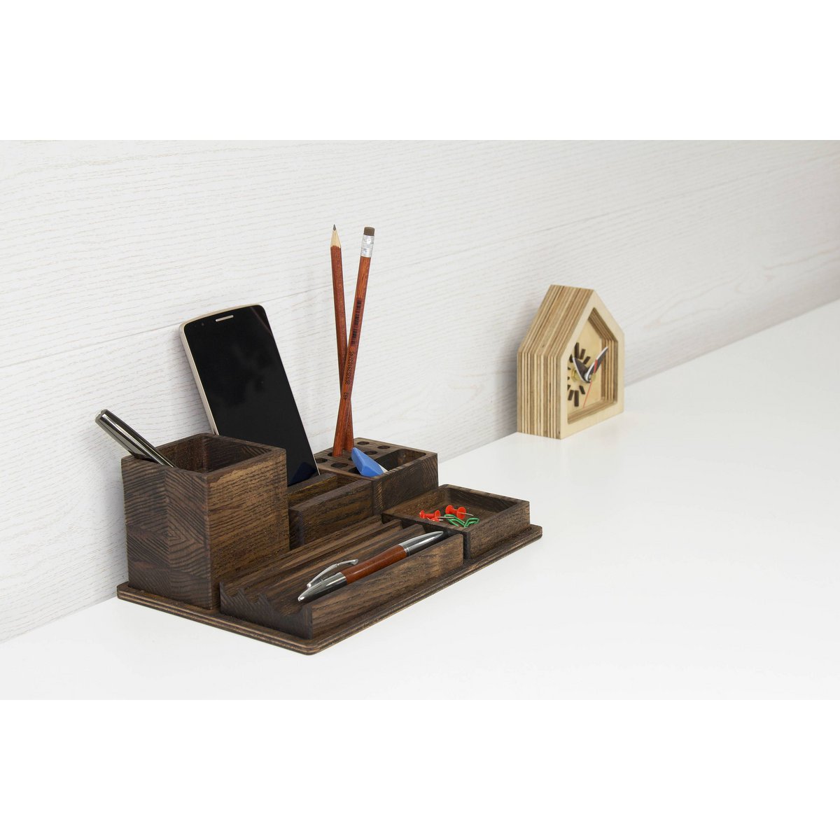 Houten bureau-organizer, donkerhouten bureau-organizer