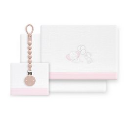  3-piece bedding set including a sheet, fitted sheet, and pillowcase in a coral fleece fabric with a pacifier holder featuring an elephant design. The set is suitable for a cot or crib measuring 60x120cm.