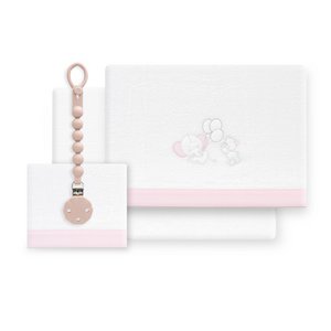 3 PCs Bedding COT 60x120 (Blatt155x110+ausgestattet s.120x60+case60x40) Korallenflecce+Schnullerhalter - Mod. Oso -elefante - mit rosa