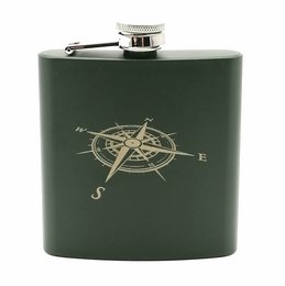 Stainless steel hip flask in green color with compass motif, suitable for outdoor activities and travel.