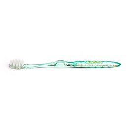 A green and white toothbrush with a sleek, modern design. The toothbrush features a silver metal handle and a soft bristle head.