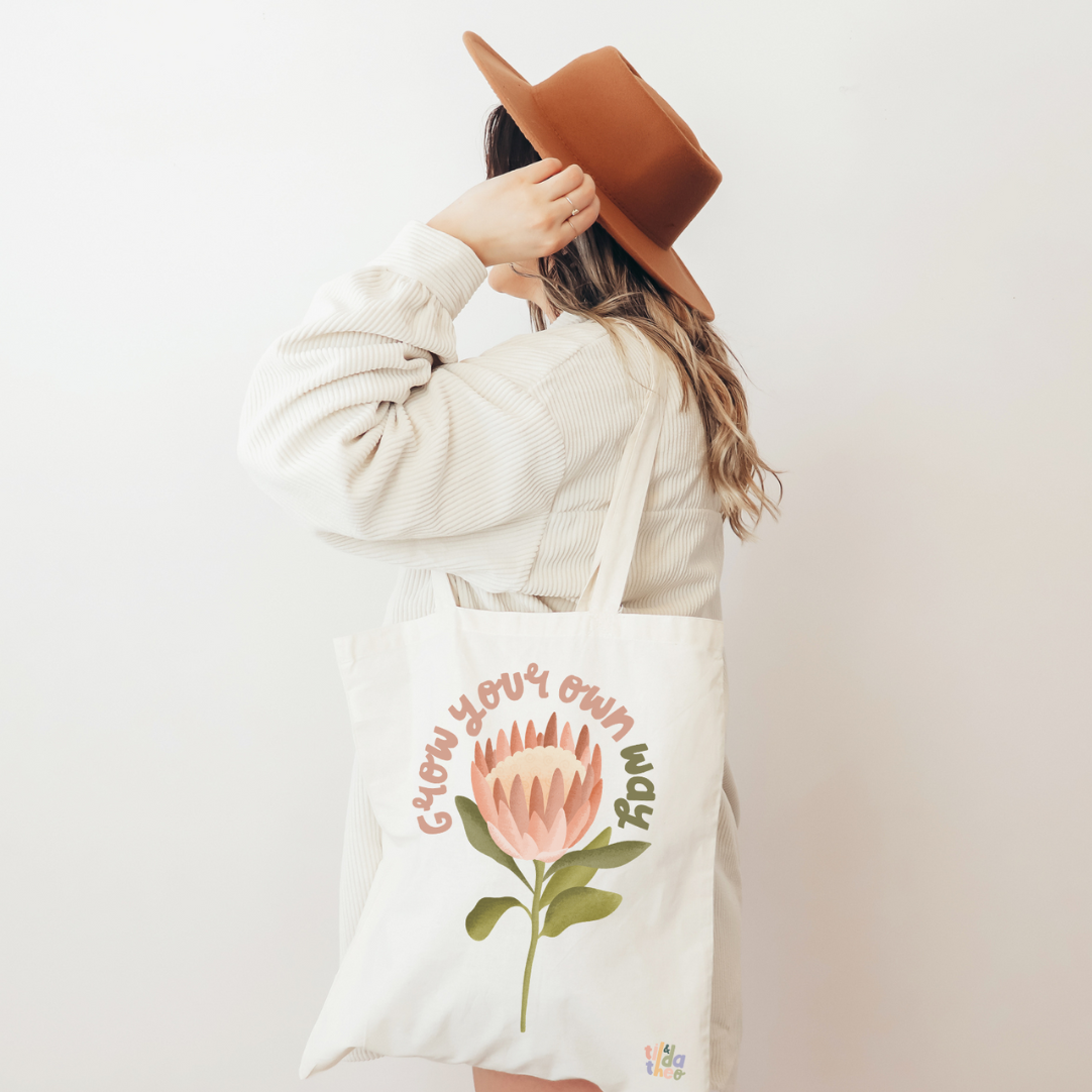 Stoffen tas Protea "Grow your own way" bloem - jute tas plant boho