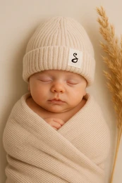  Soft, cozy beige merino wool beanie and booties set for newborns. Ribbed knit design with subtle logo detail.