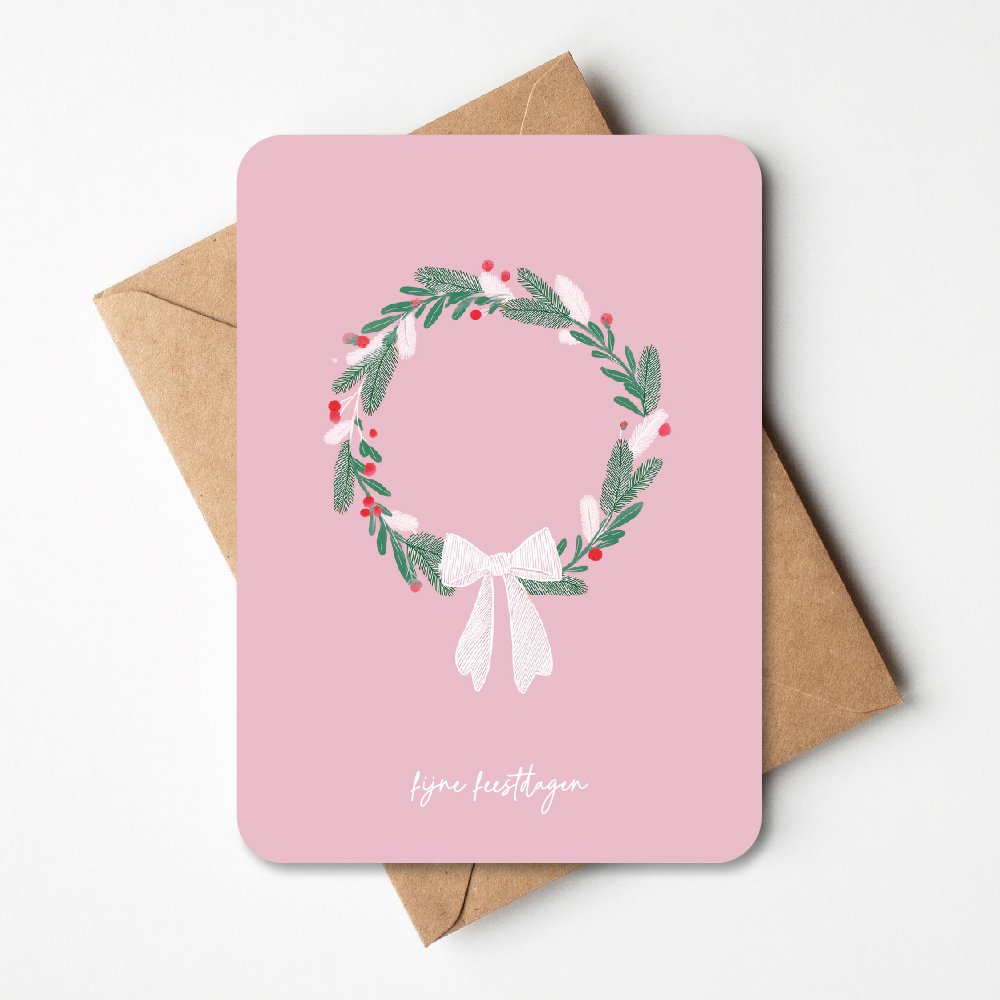 Kerstkaart | Roze kerstkrans
