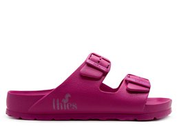 Vegan orchid pink sandals with two adjustable buckle straps and a lightweight EVA foam sole.