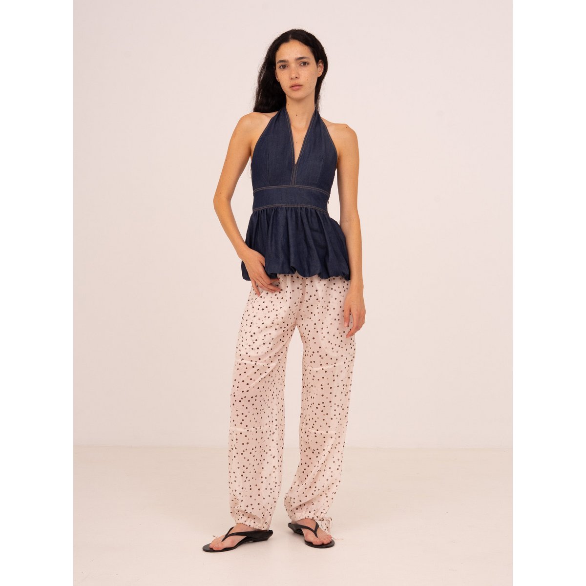 Top allacciato a palloncino in denim fulvo
