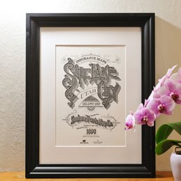 "Vintage-style letterpress poster featuring the text 'Salt Lake City USA' in an ornate, decorative design. The poster has a black and white color scheme with intricate patterns and typography."