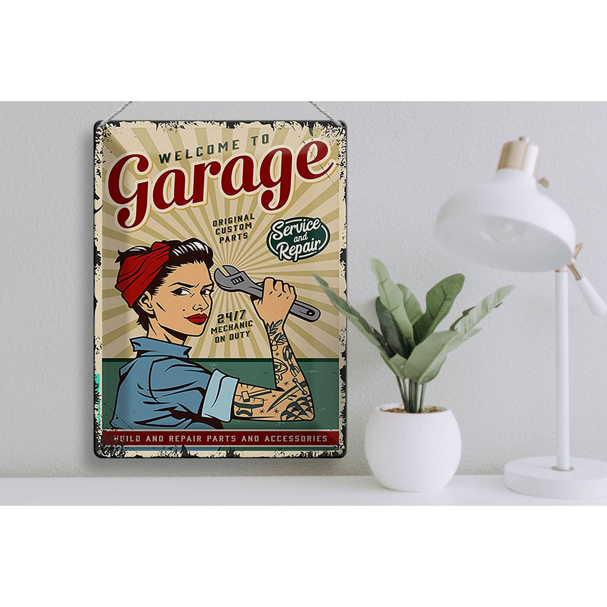 Blechschild Retro 30x40cm Pinup welcome Garage service 24/7