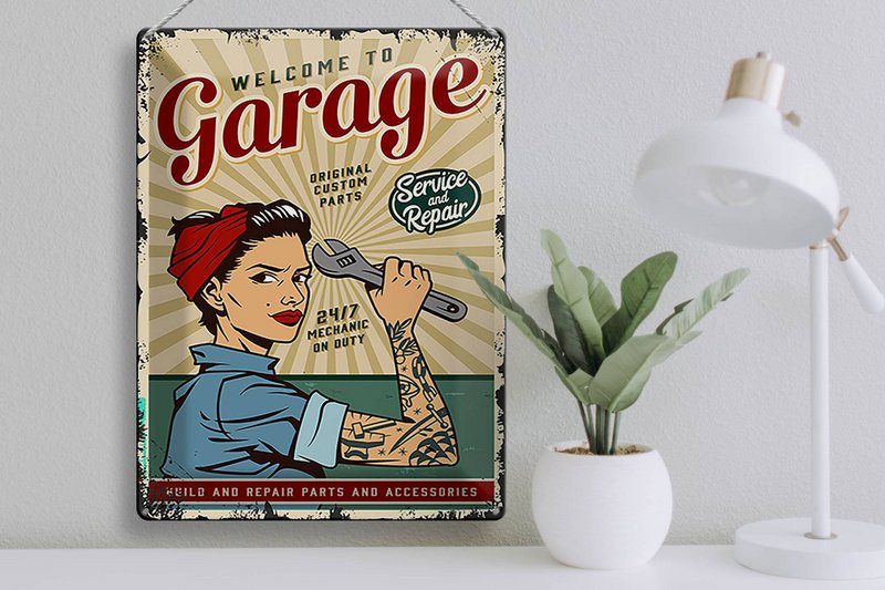 Blechschild Retro 30x40cm Pinup welcome Garage service 24/7