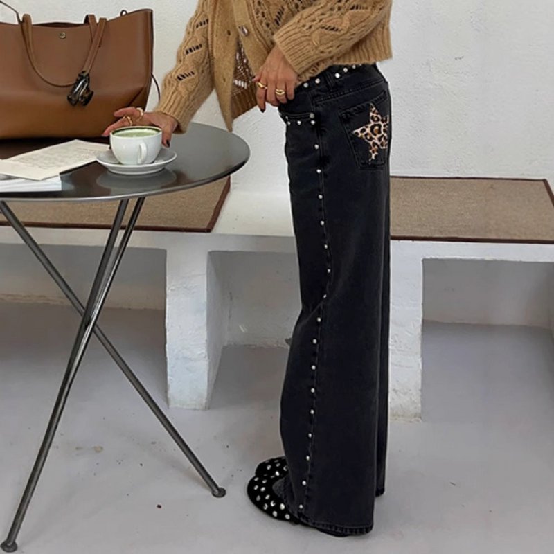 Leopard Print Five-pointed Star Deconstructing Jeans For Women