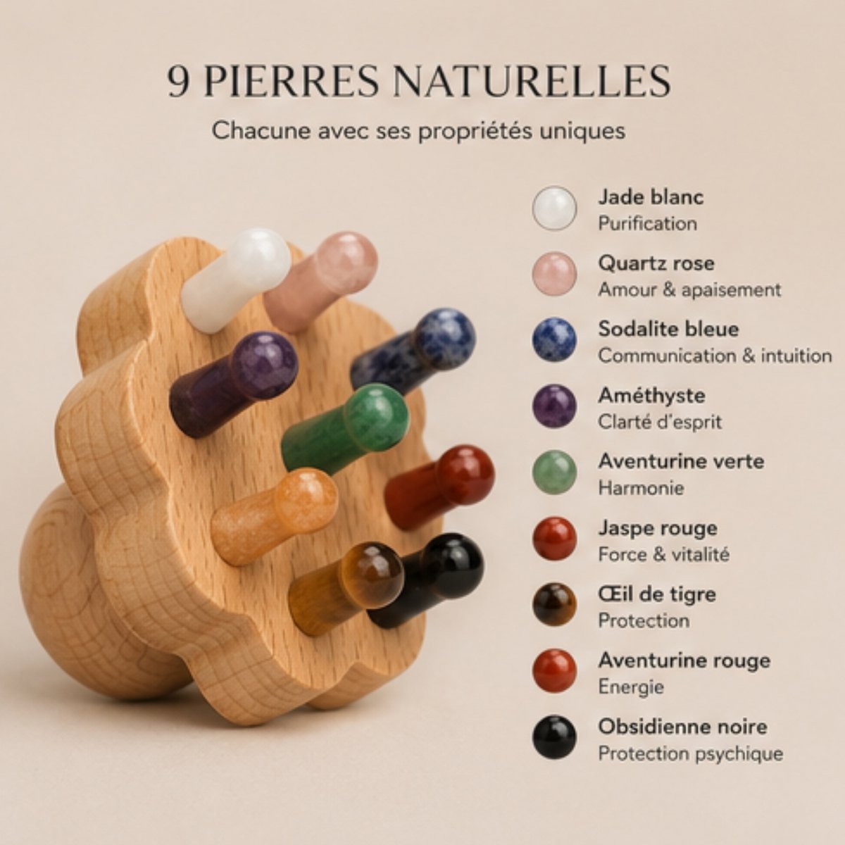 Flower Scalp Brush in FSC Beech Wood - 9 Natural Stone Massage Points - Stimulates Blood Circulation - Revitalizes Scalp - Natural Lithotherapy Hair Care