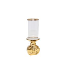 A tall, spiral-shaped golden photophore or candle holder, measuring 10x10x26.5cm. Made of glass and metal, with a decorative spiral design.