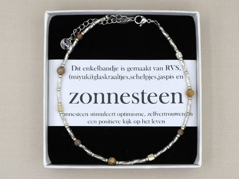 Enkelbandje Fira jaspis en zonnesteen, zilver of goud roestvrijstaal