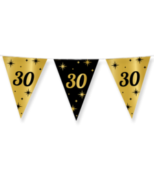 Classy party flags foil with the number 30 printed in gold on a black and gold background, suitable for 30th birthday or anniversary celebrations.