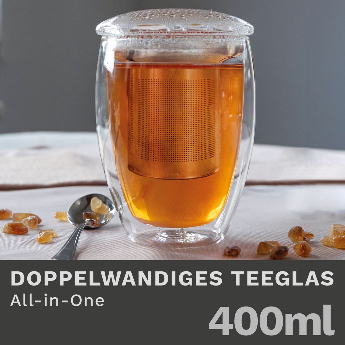 Creano Doppelwand-Teeglas mit Filter und Deckel 400ml