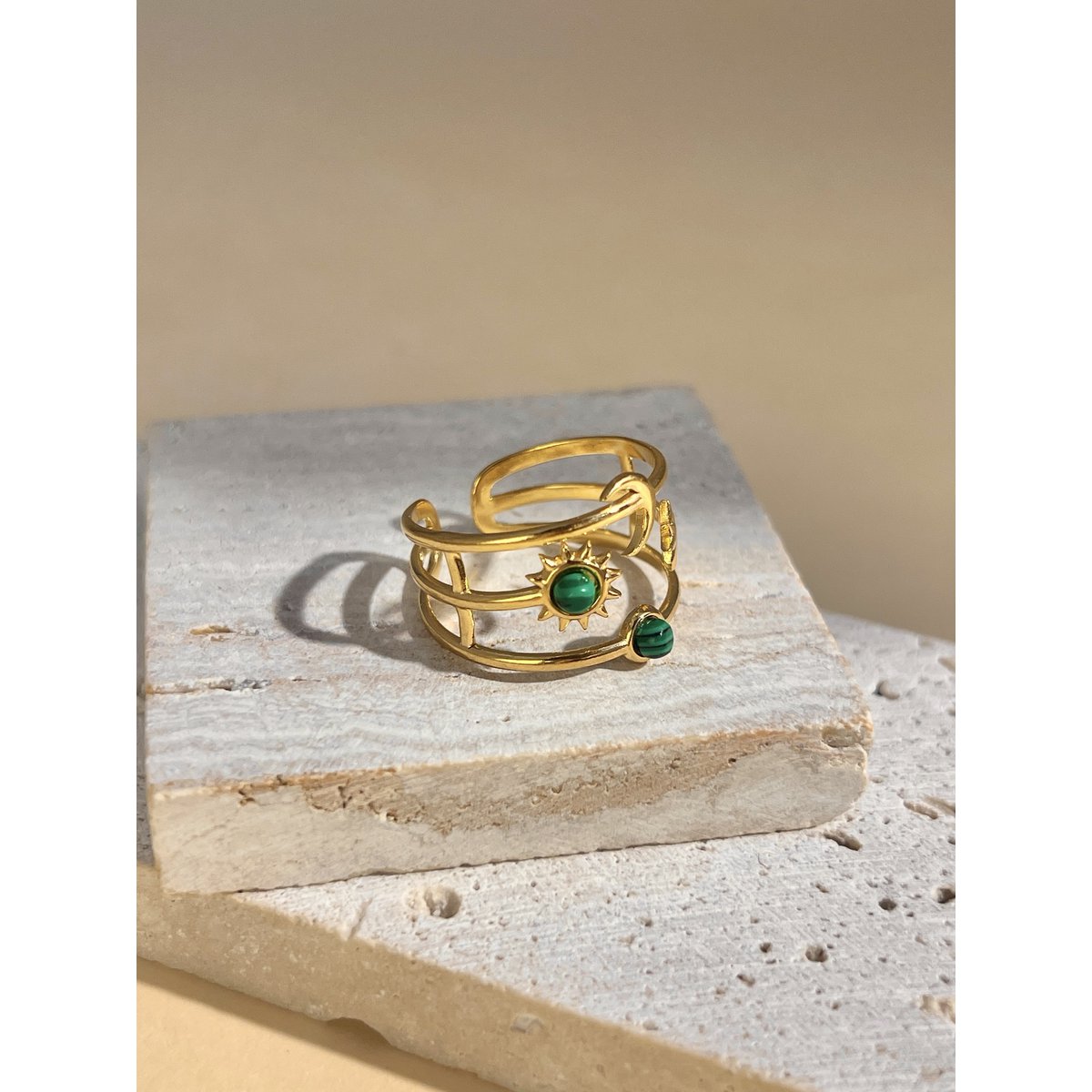 Moon, star and sun adjustable ring with stone