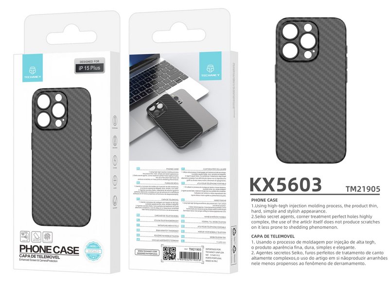 Custodia per telefono Techancy ultra sottile in fibra di carbonio KX5603, compatibile con iPhone 15 Plus, materiale PP da 0,5 mm.