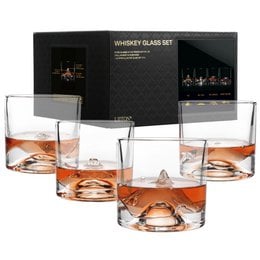 Set of 4 whiskey glasses in a gift box, made of clear glass with a unique diamond-shaped design.