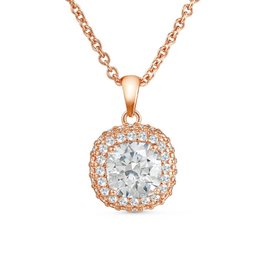 A round, sparkling charm pendant on a rose gold chain. The charm features a central diamond-like stone surrounded by a halo of smaller stones, creating a dazzling and elegant look.