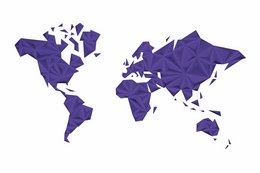 A large, detailed world map in a deep purple color. The map shows the continents and major landmasses in a simplified, abstract style.
