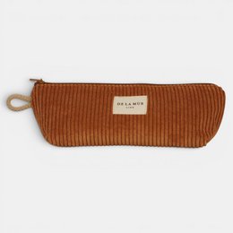 Rust brown ribbed corduroy pencil case with zipper and keychain loop