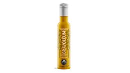  Golden yellow extra virgin olive oil in clear glass bottle with silver cap, premium Spanish product packaging.