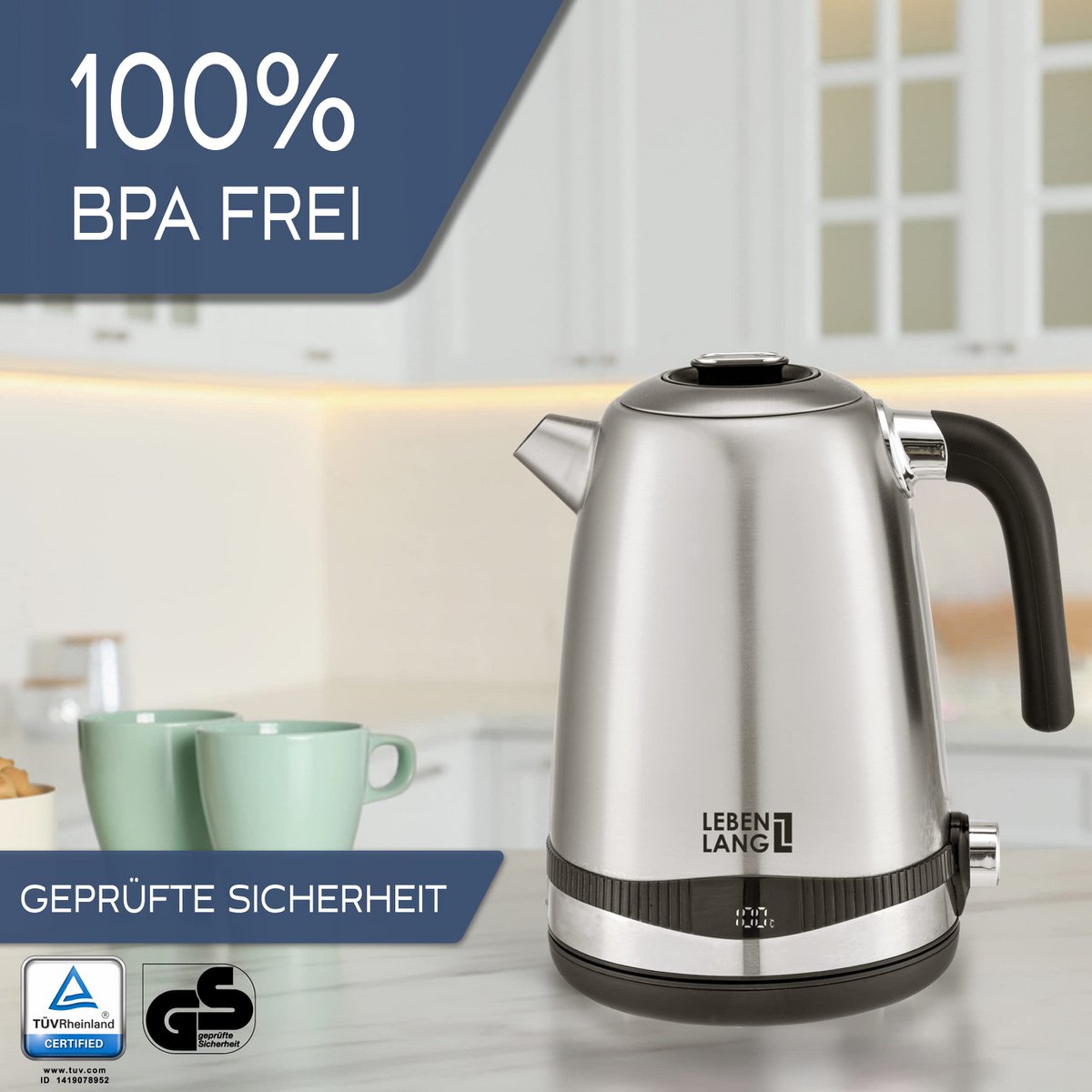 LIFETIME kedel rustfrit stål temperaturindstilling - støjsvag, temperaturvisning & hold varm funktion - 1,7 liter & 2200W | Elkedler | Temperaturkedel i rustfrit stål retro uden plast
