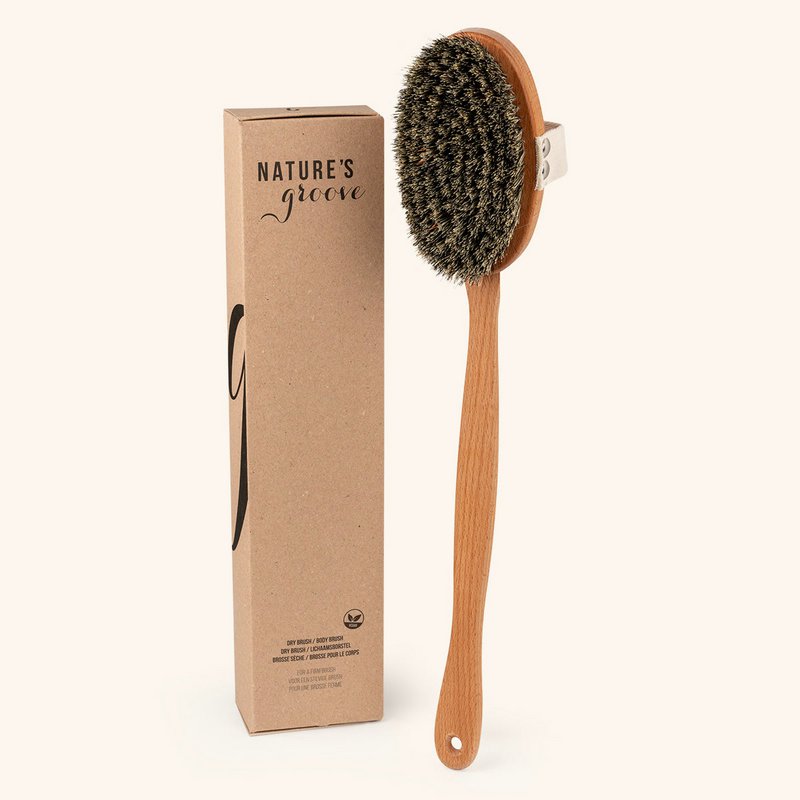 Wooden natural body brush with long removable stem