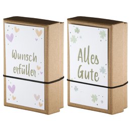 Wooden gift box with hearts, pastel colors, German text "Wunsch erfüllen" and "Alles Gute", stacked design.