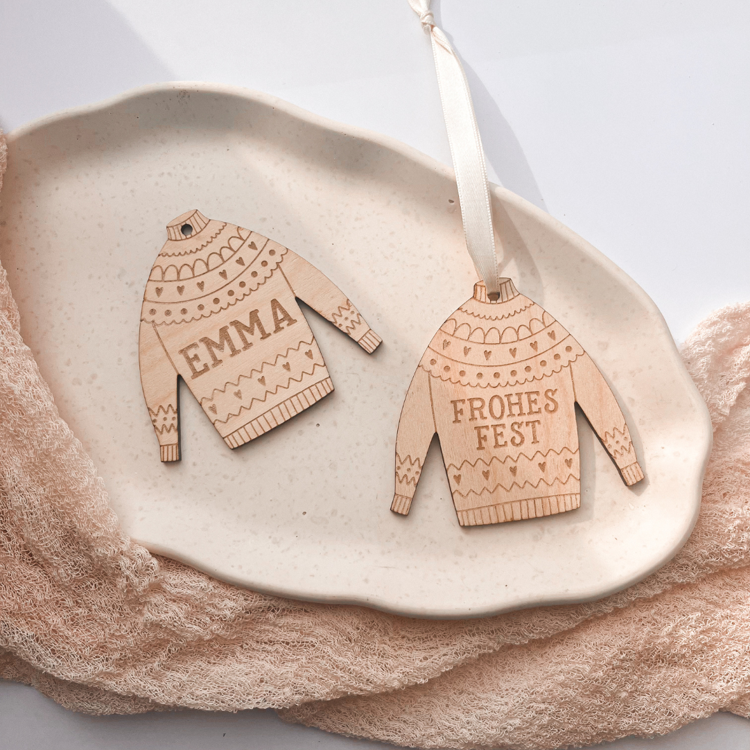 Christmas Tree Bauble Sweater Personalized Wooden HAPPY FESTIVAL - Christmas Sweater Ornament