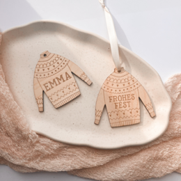Christmas Tree Bauble Sweater Personalized Wooden HAPPY FESTIVAL - Christmas Sweater Ornament
